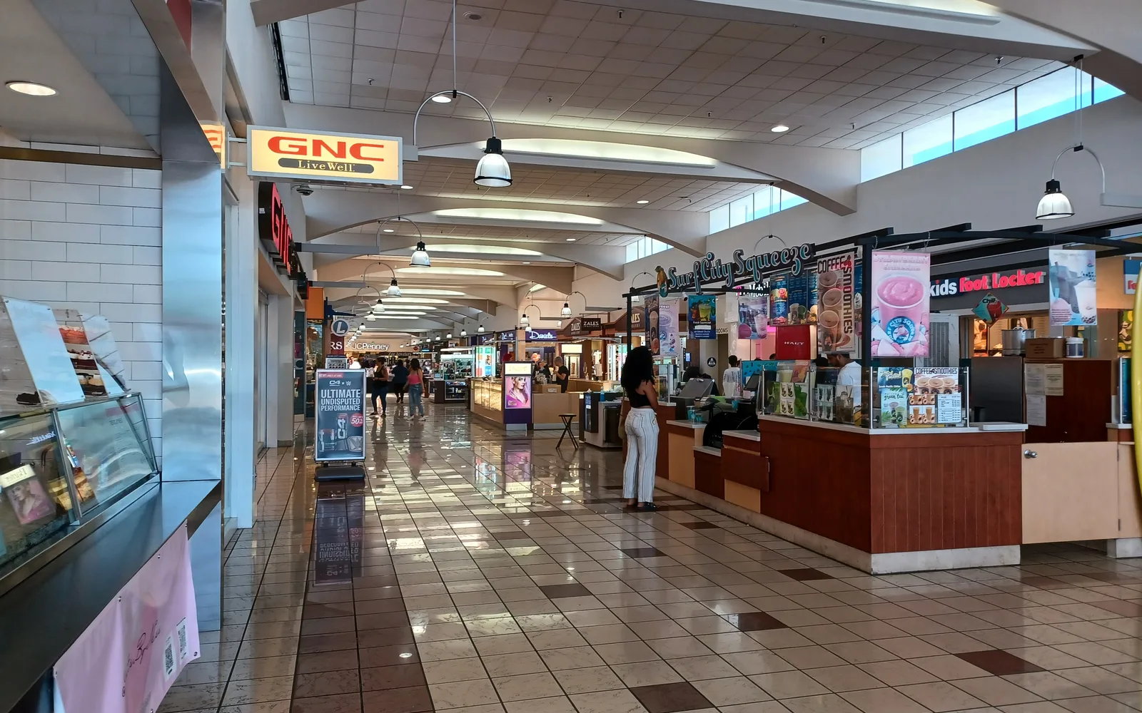 Interior of a modern California shopping mall with skylight architecture